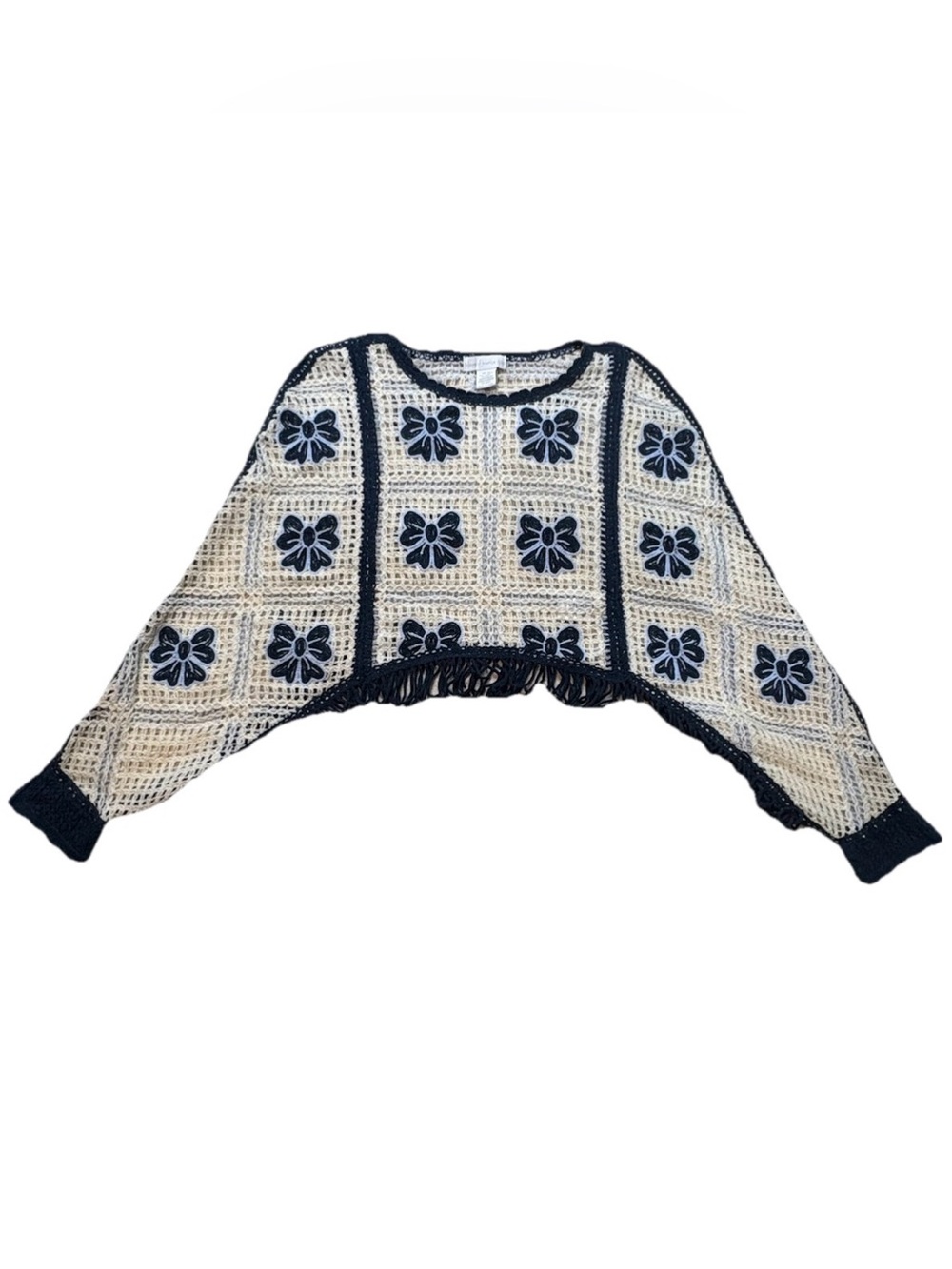 House of Harlow 1960 Revolve Crochet Fringe Poncho Bow Crop Sweater OS - Picture 3 of 6